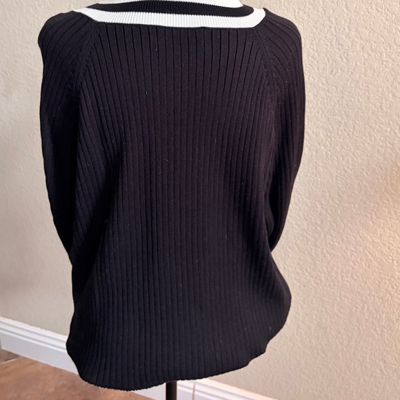 Black V-Neck Ribbed Sweater with White Trim and Logo Accents - Picture 4 of 6